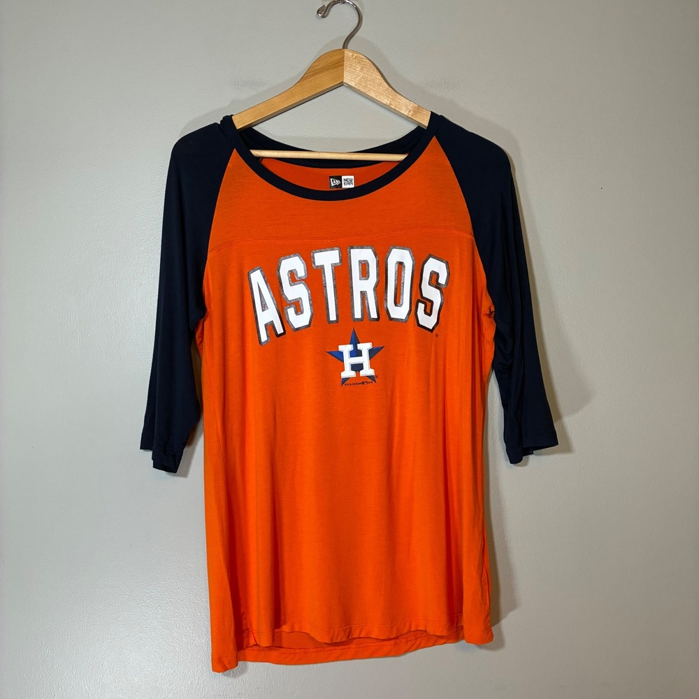 New Era Houston Astros MLB Raglan 3/4 Sleeve Baseball Tee Orange Navy Large